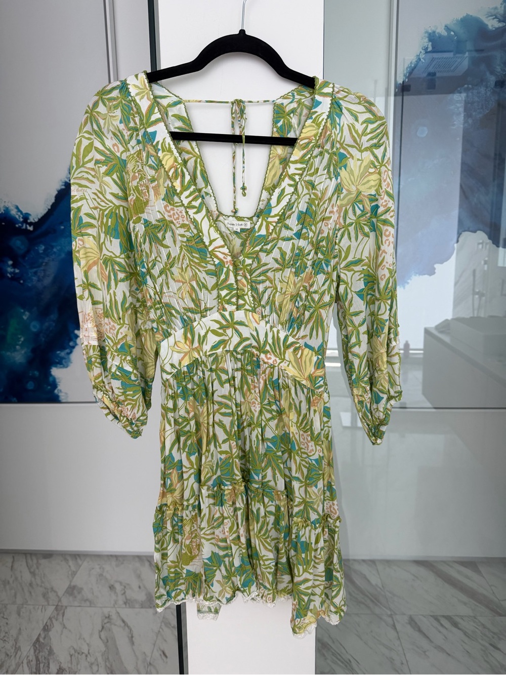 Poupette St Barth Green Botanical V-Neck Mini Dress